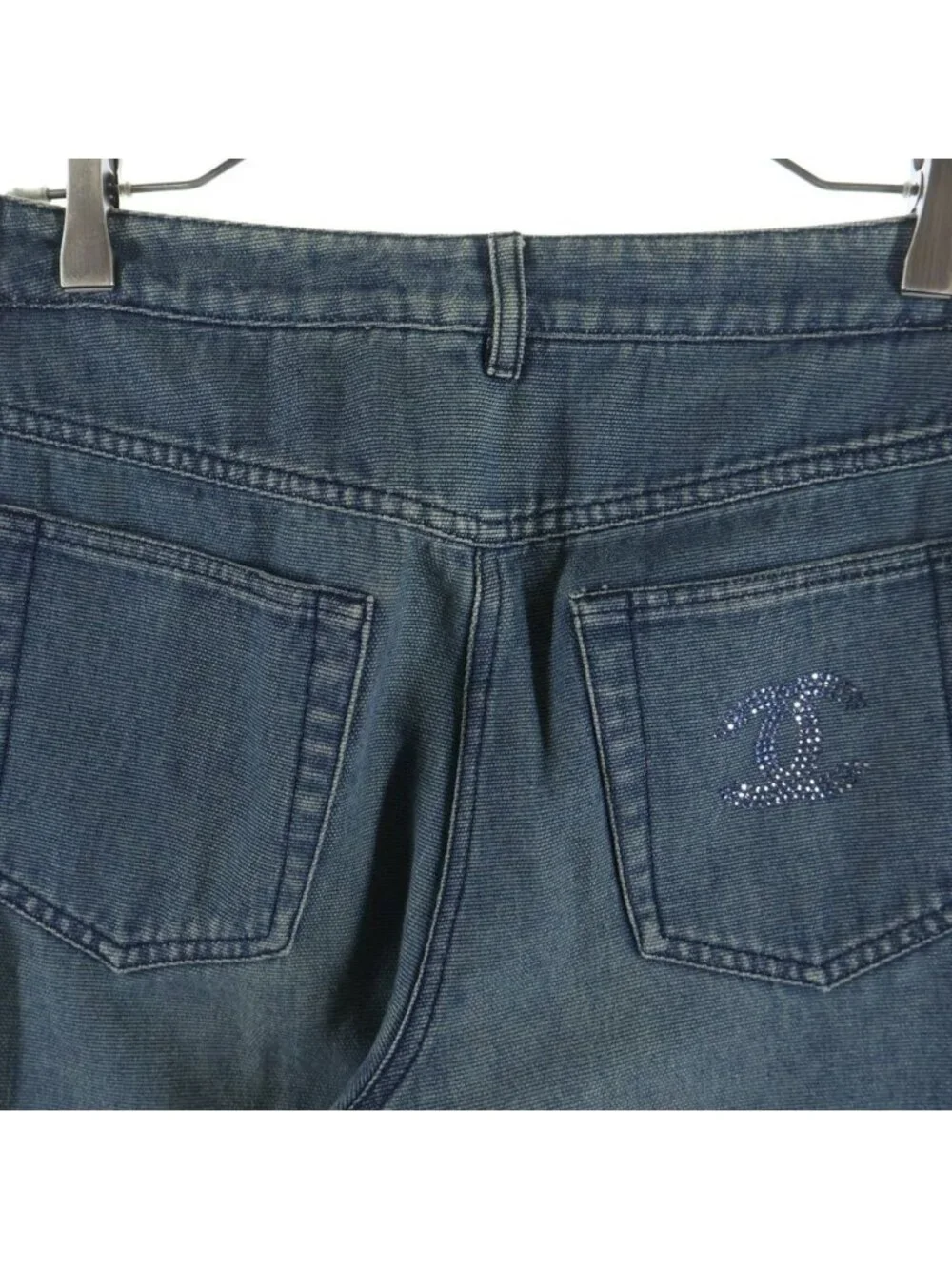 Chanel Crystal CC Logo Wide Denim Pants CC Flare Indigo